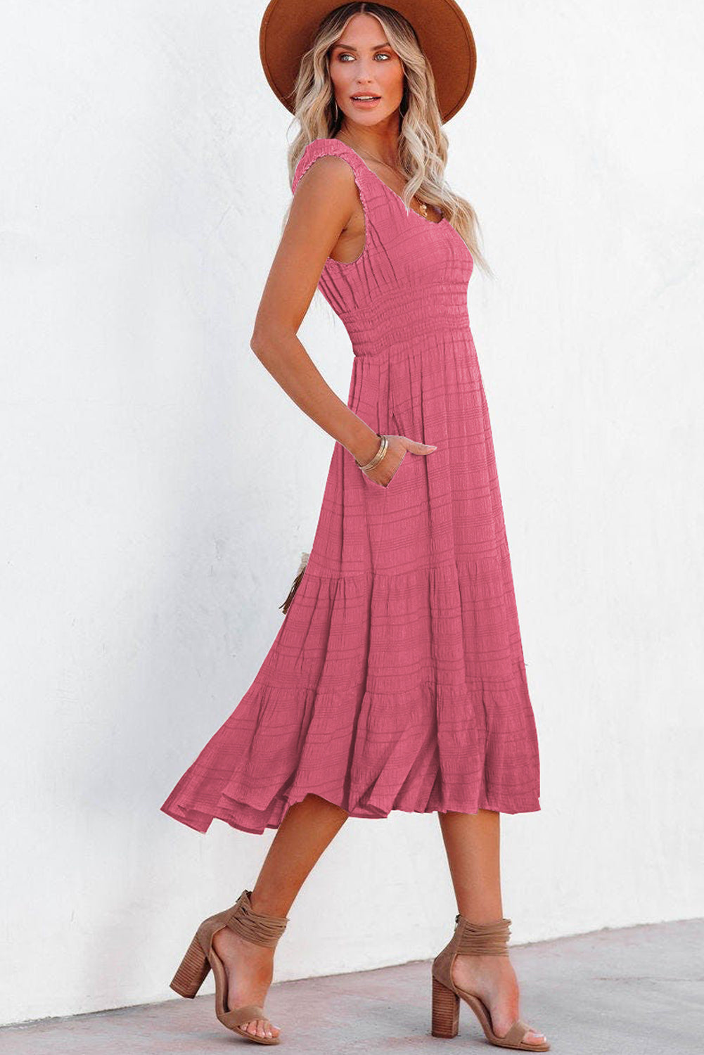 Pleated square neck midi dress back view
