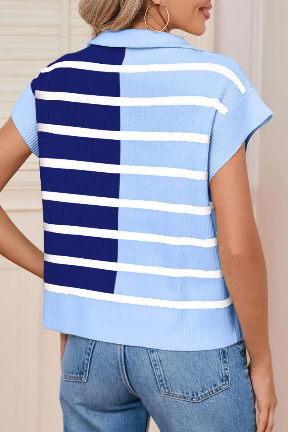 Striped Half Zip Sweater Vest in White and Light Blue view 9