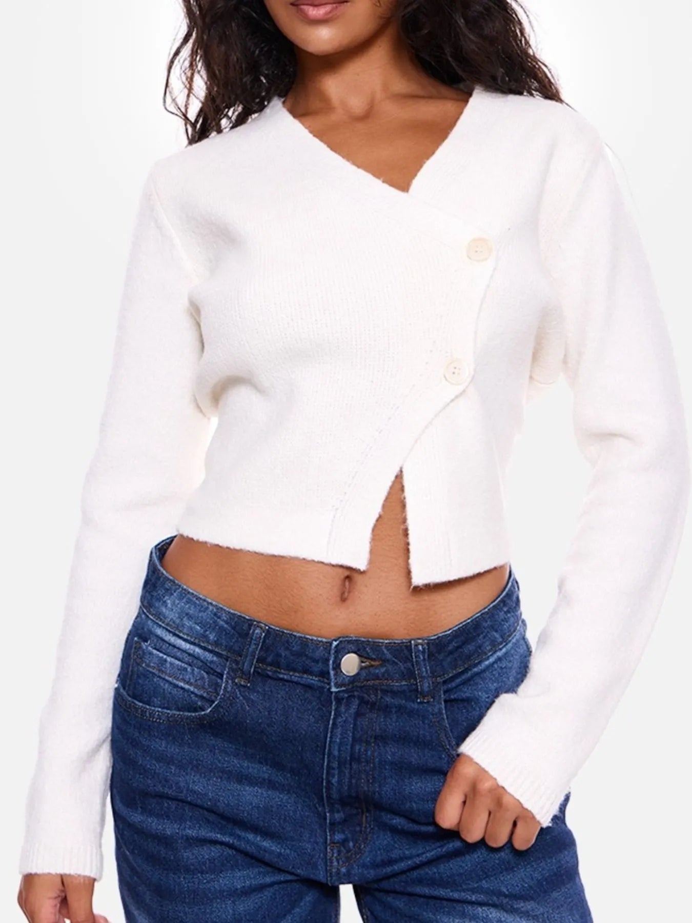 Cropped V-Neck Button-Up Cardigan White - Fashorio