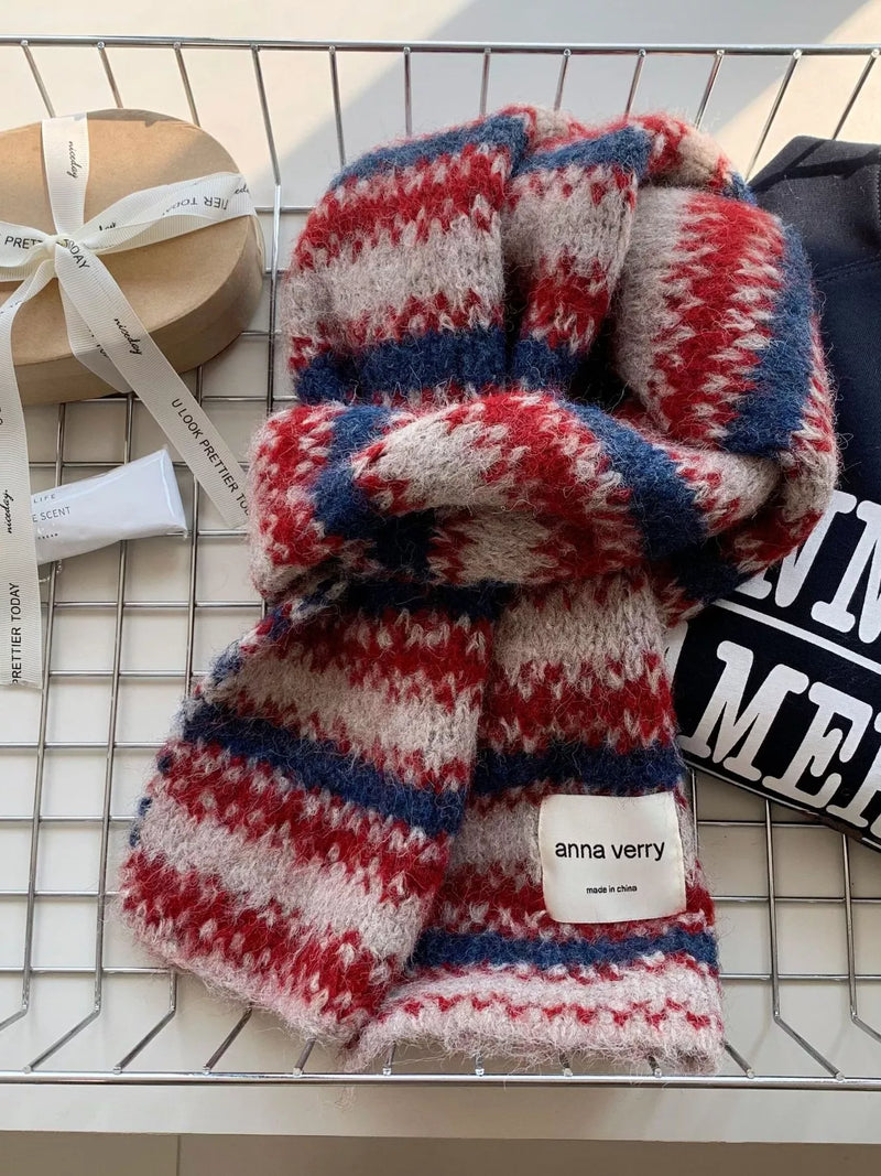 Striped wool knit scarf wrapped around the neck
