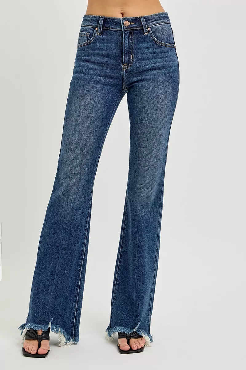RISEN mid rise flare frayed hem jeans front view