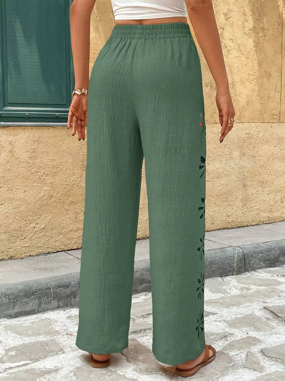 Apricot casual wide leg drawstring pants front view