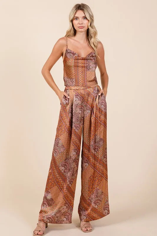 Paisley patchwork satin wide leg pants print detail