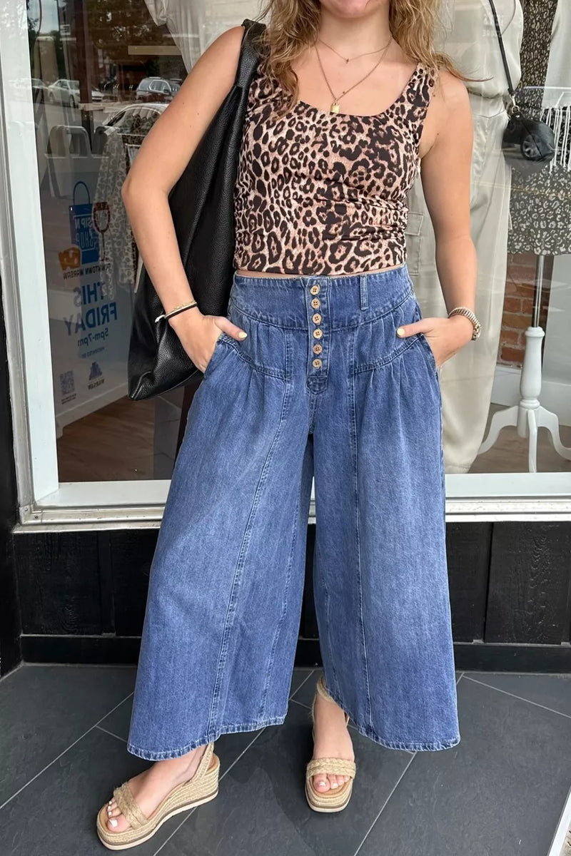 High waisted button fly wide leg jeans front view