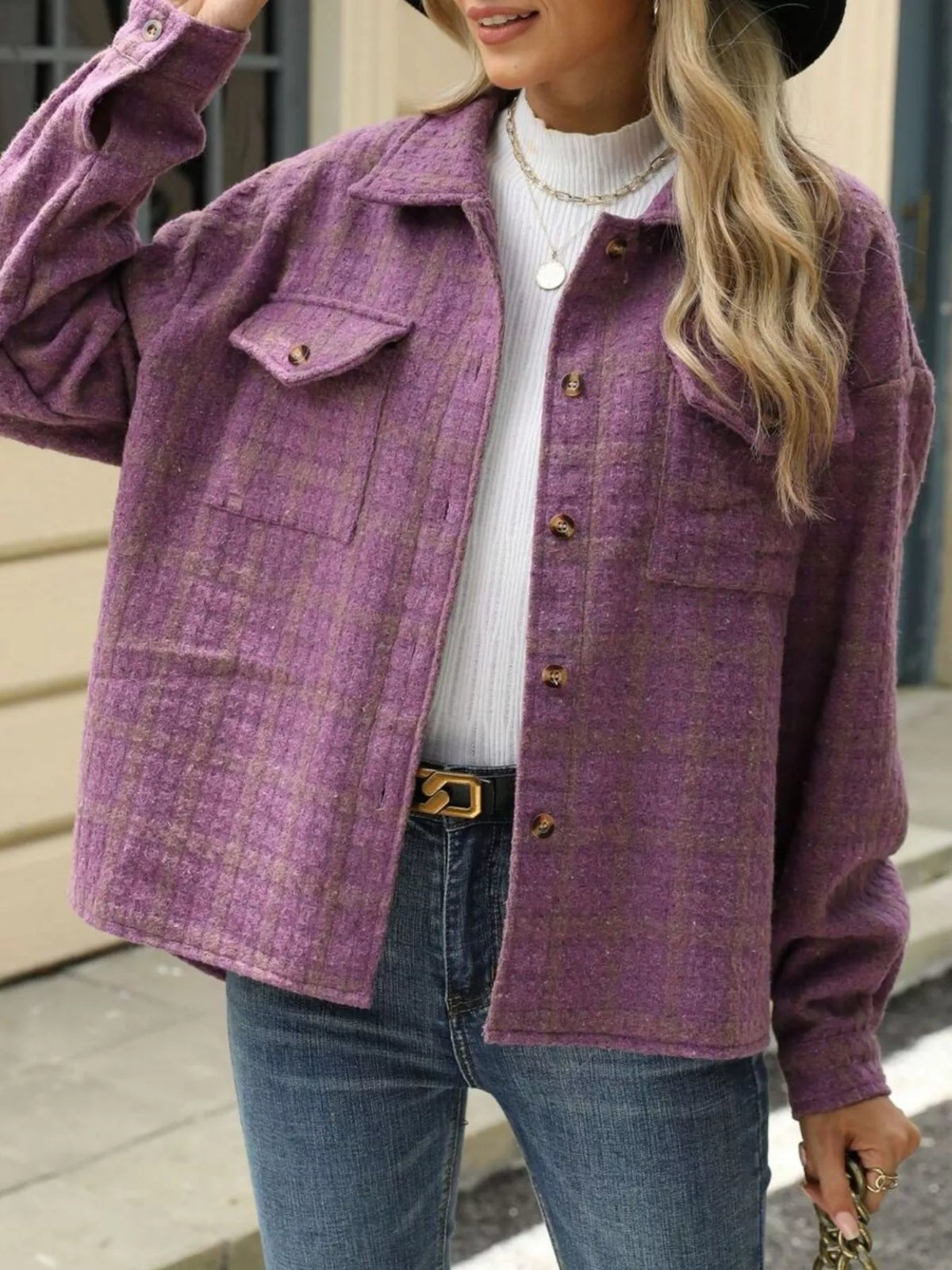 Plaid Button Up Jacket in White and Red view 17