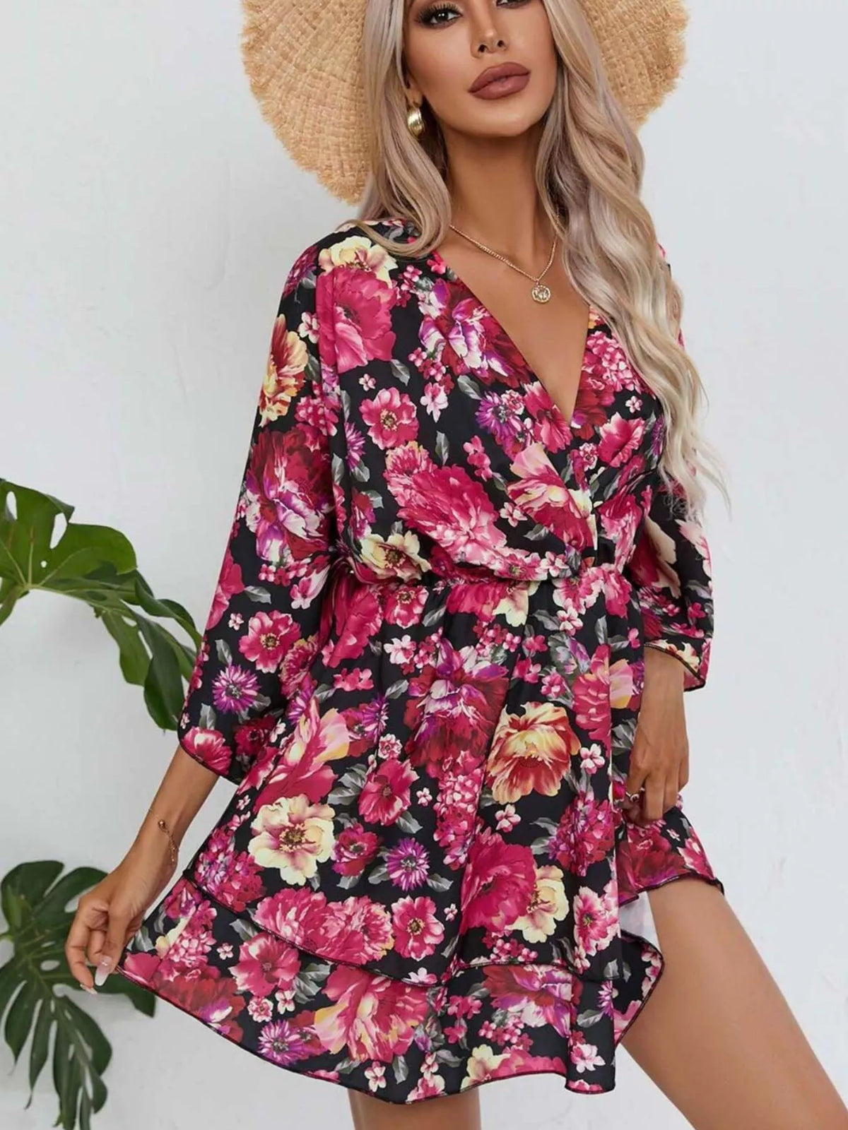 Floral print tiered ruffle hem mini dress front view