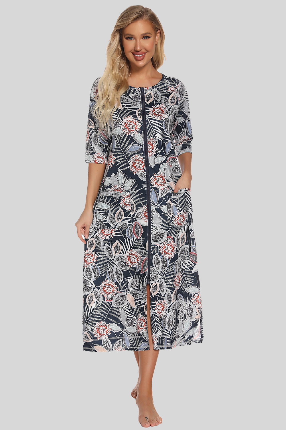 Printed Slit Night Dress with Pockets Black - Fashorio