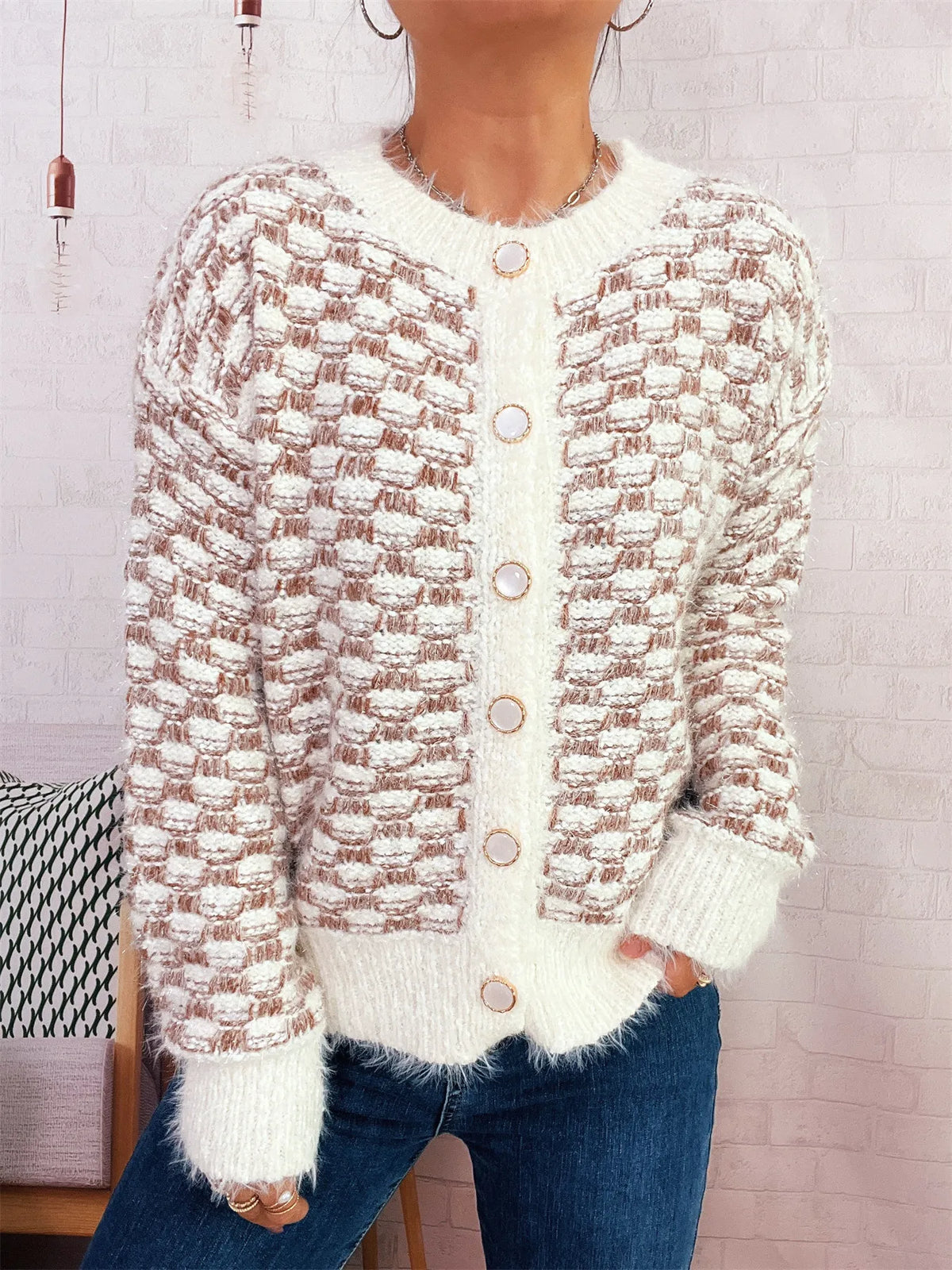Fluffy textured button up cardigan layered look view