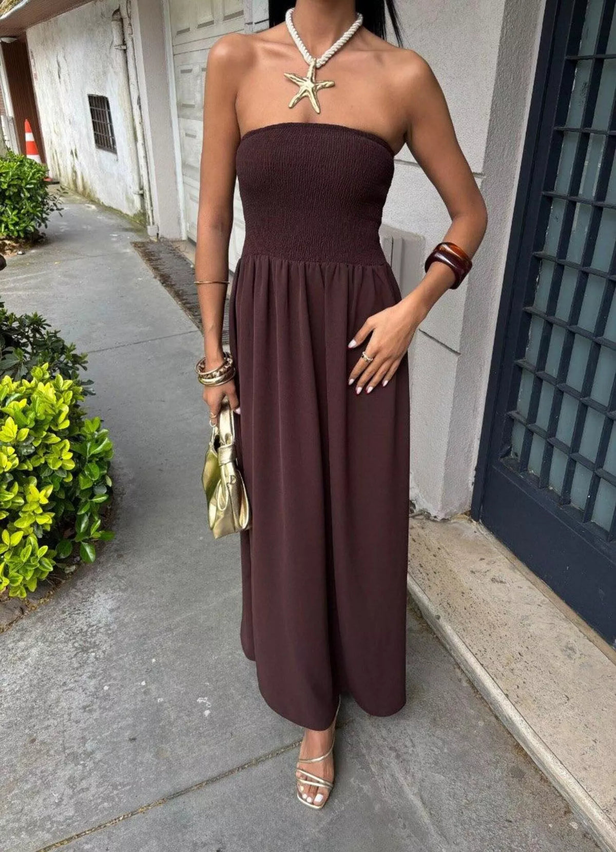 Strapless smocked maxi dress full length view