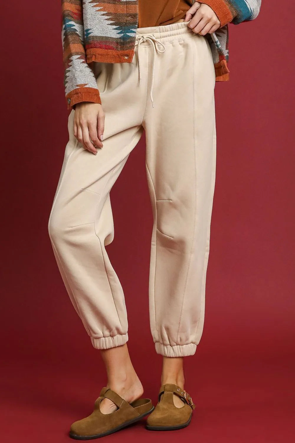Umgee Fleece Jogger Pants with Drawstring SAND - Fashorio
