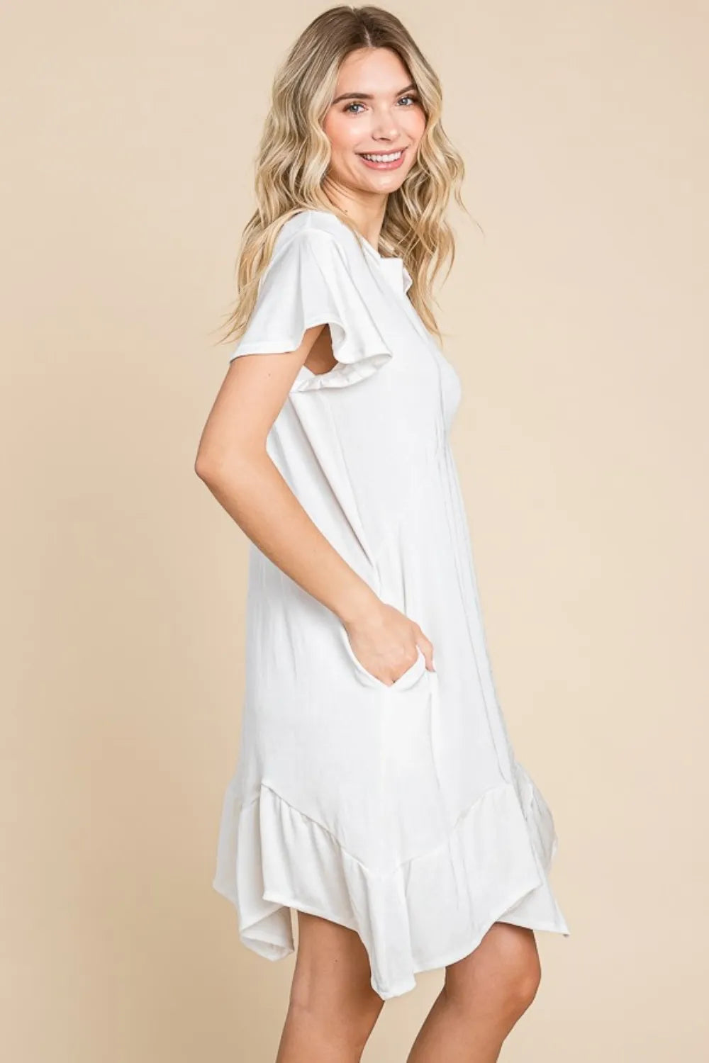 Ruffled Asymmetric Hem Dress in White side view