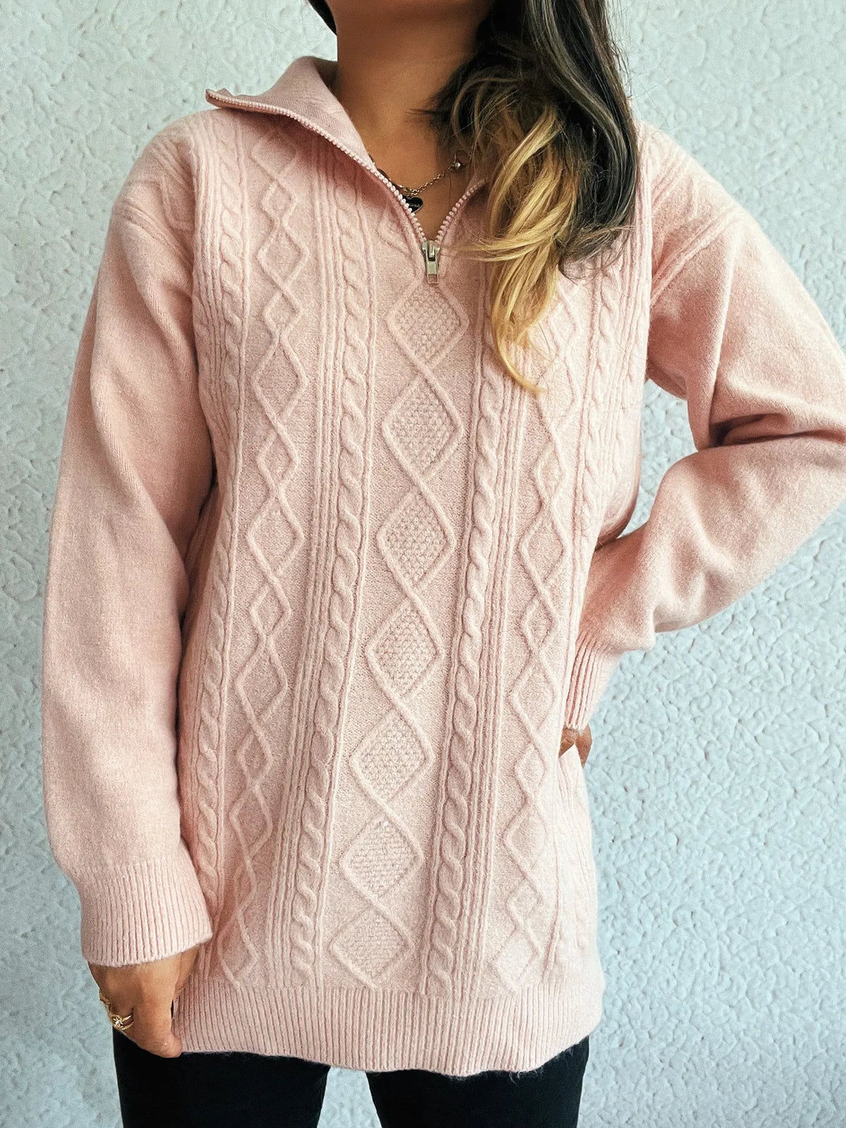 Texture zip collar long sleeve sweater, detail view