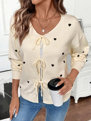 Heart Tie-Front Long Sleeve Cardigan Cream - Fashorio