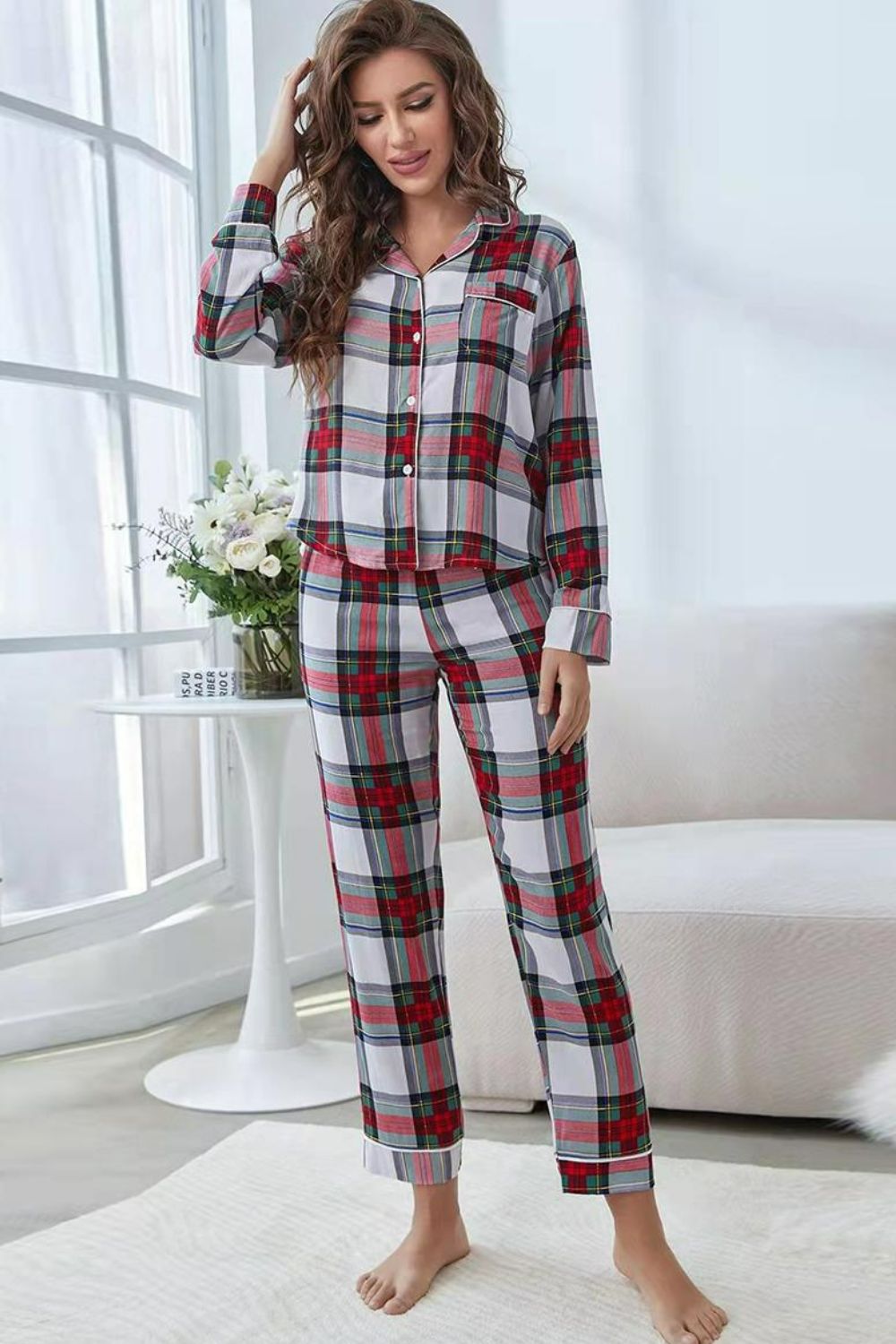 Plaid Button Front Top and Pants Lounge Set - Fashorio