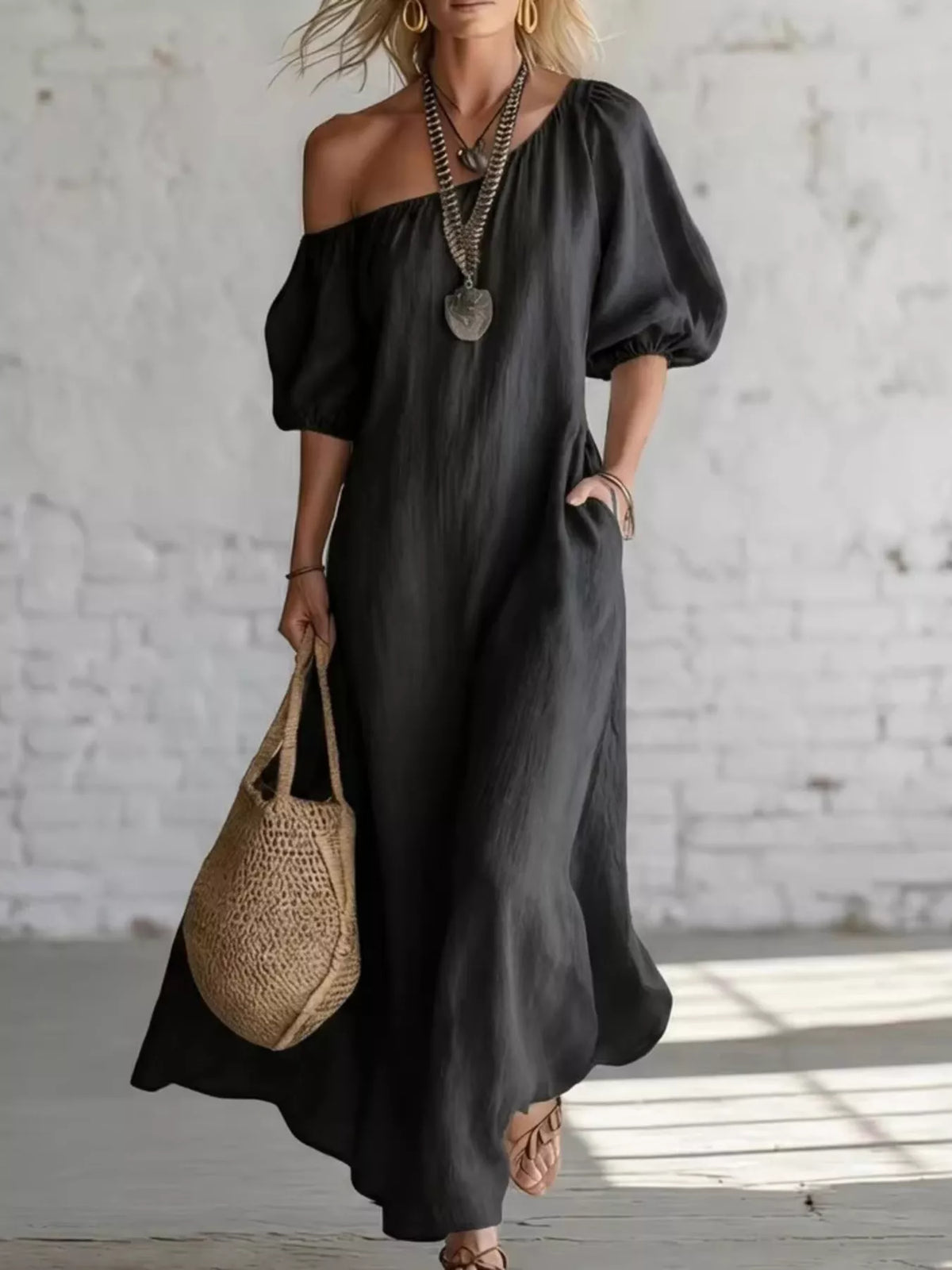 One shoulder puff sleeve maxi dress side view