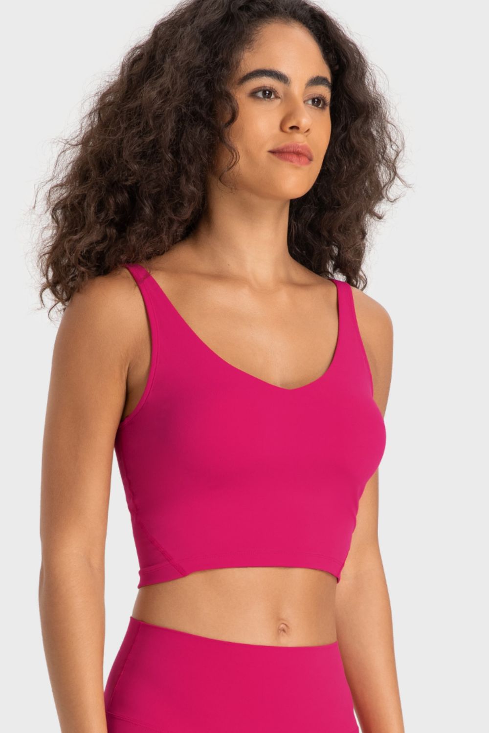 V neck crop sports bra on model
