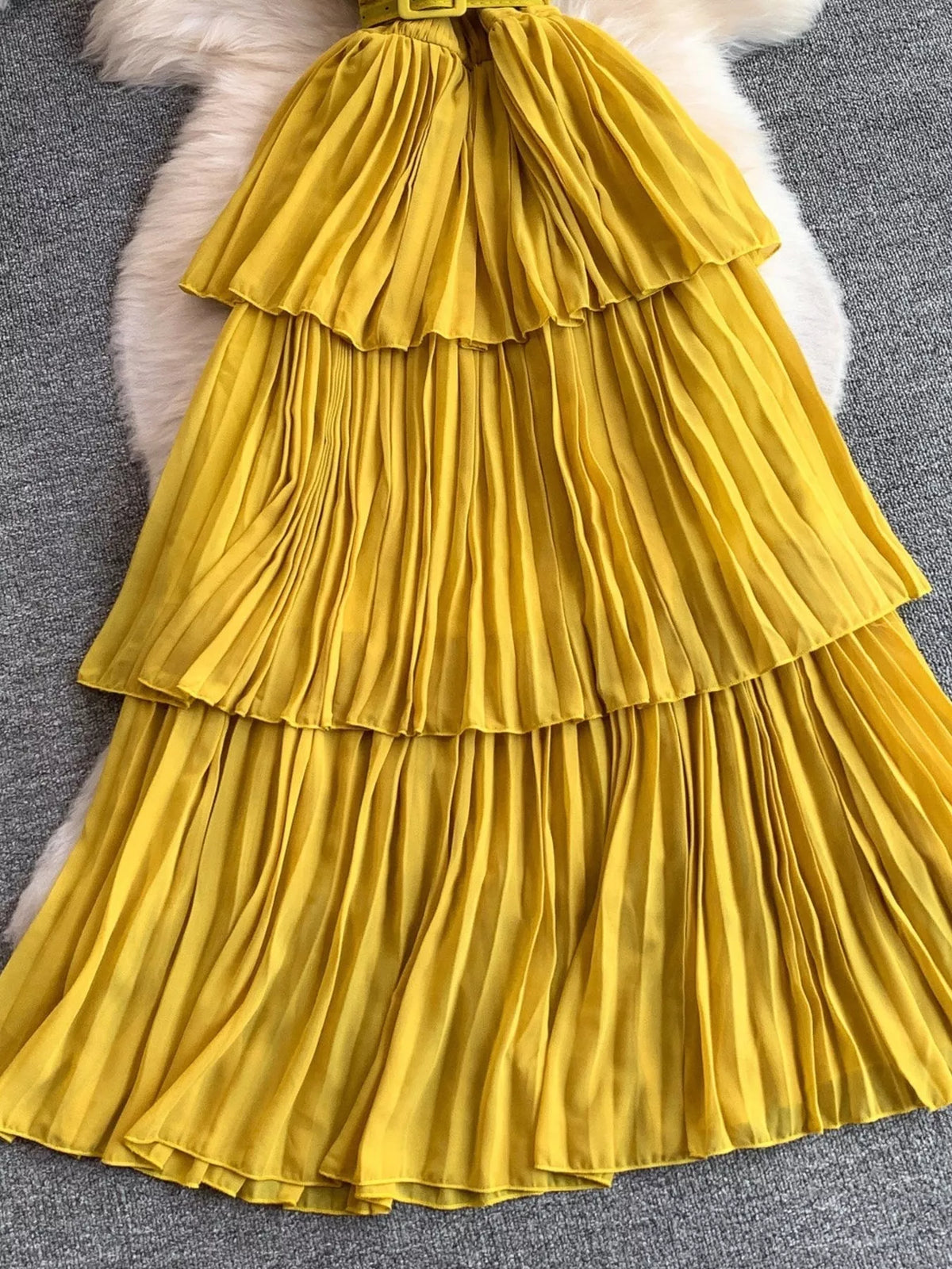 Pleated layered spaghetti strap midi dress front view