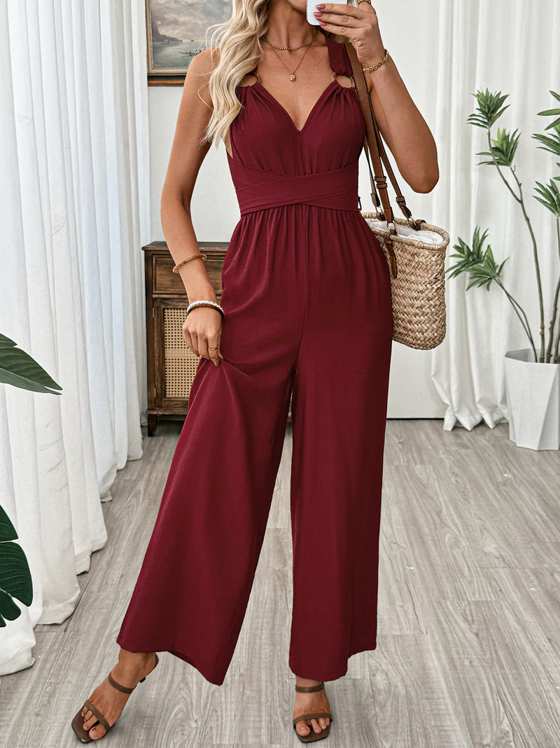 V neck sleeveless wide leg jumpsuit in burgundy, front view
