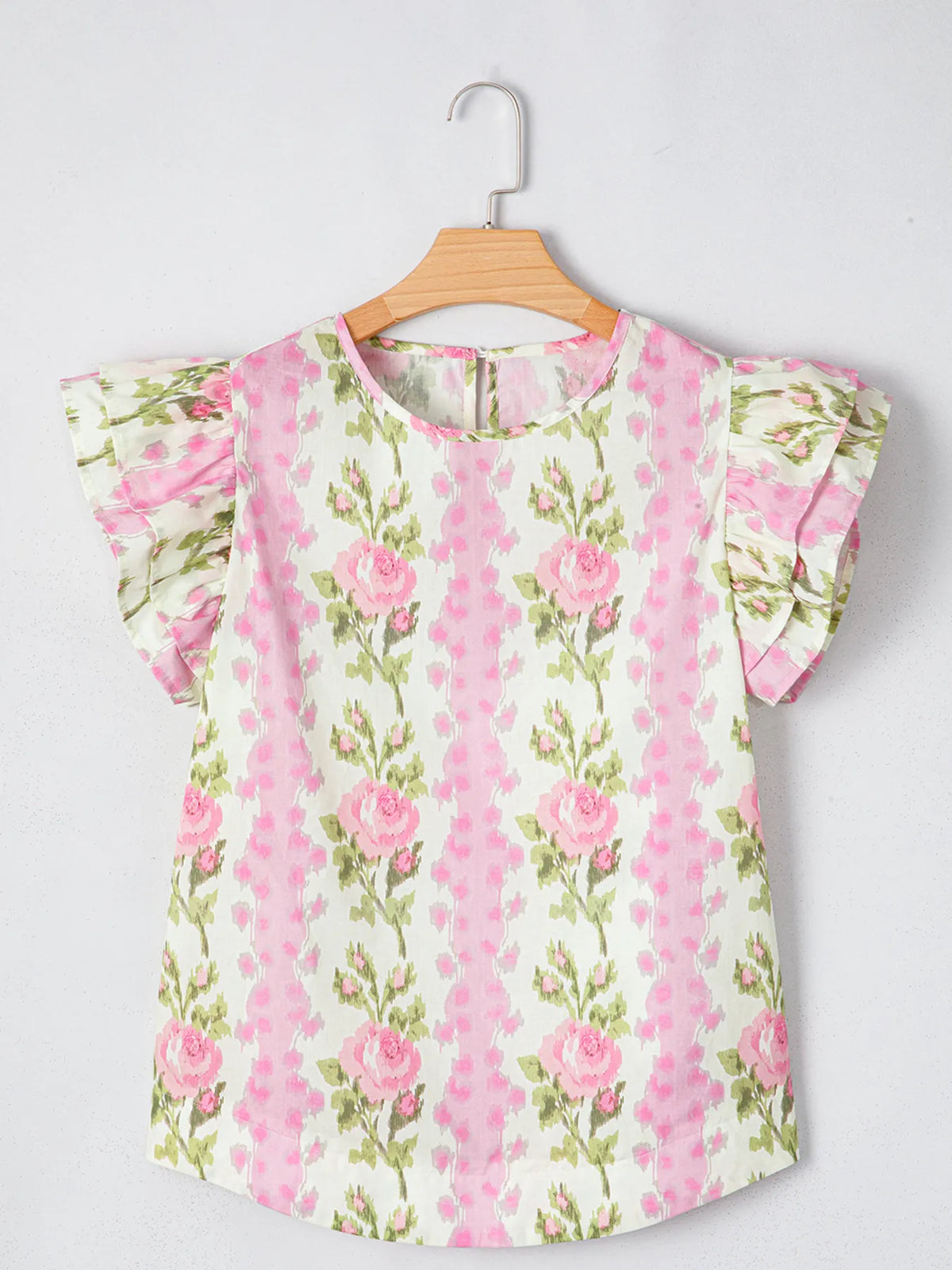 Floral print blouse neckline detail
