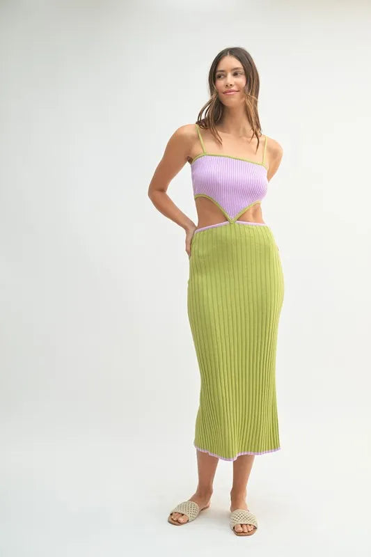 MABLE Ribbed Knit Color Block Cutout Midi Dress - Fashorio