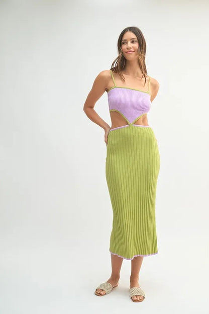 MABLE Ribbed Knit Color Block Cutout Midi Dress - Fashorio