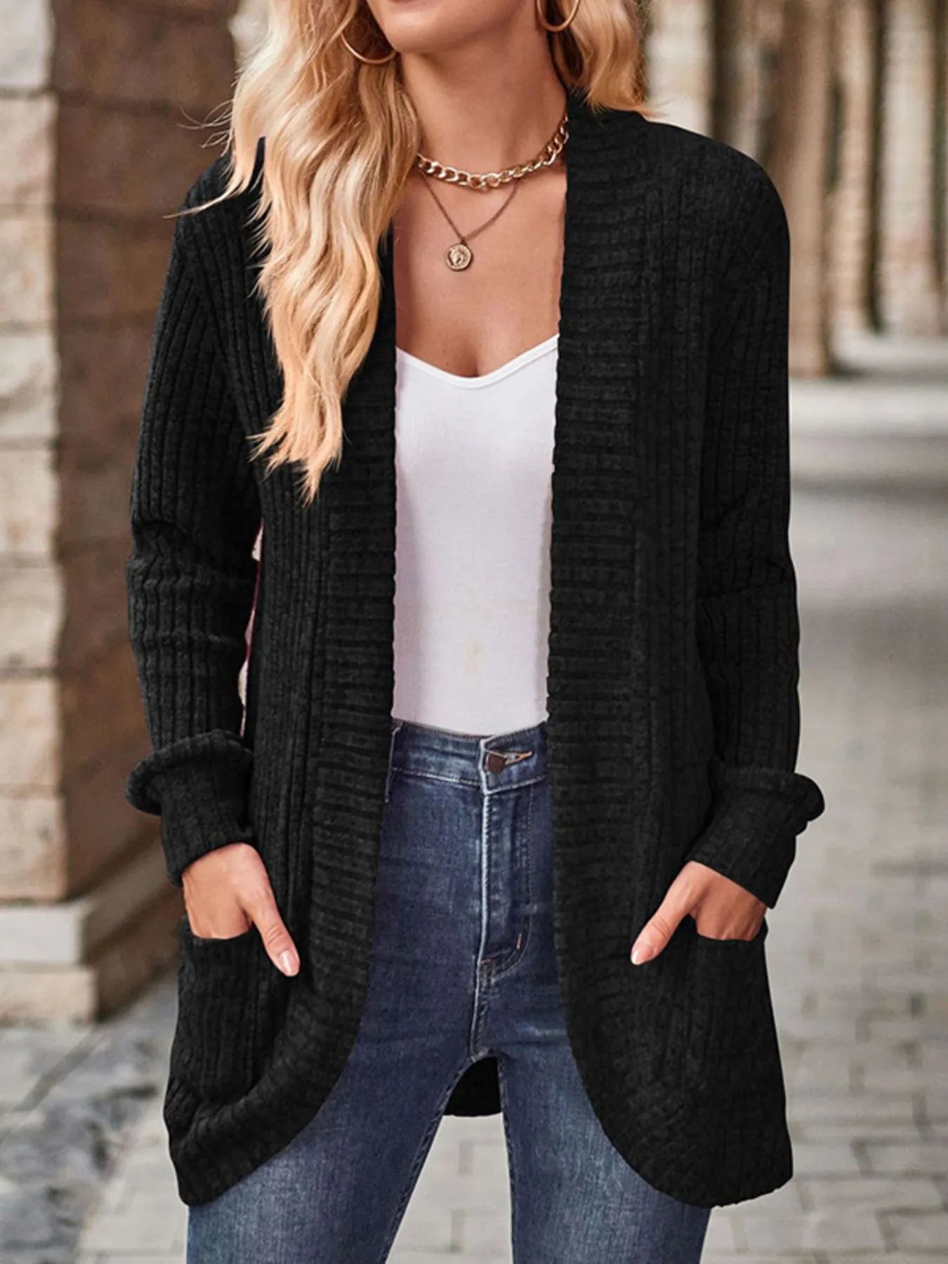 Ribbed Knit Open Front Cardigan with Pockets Black - Fashorio