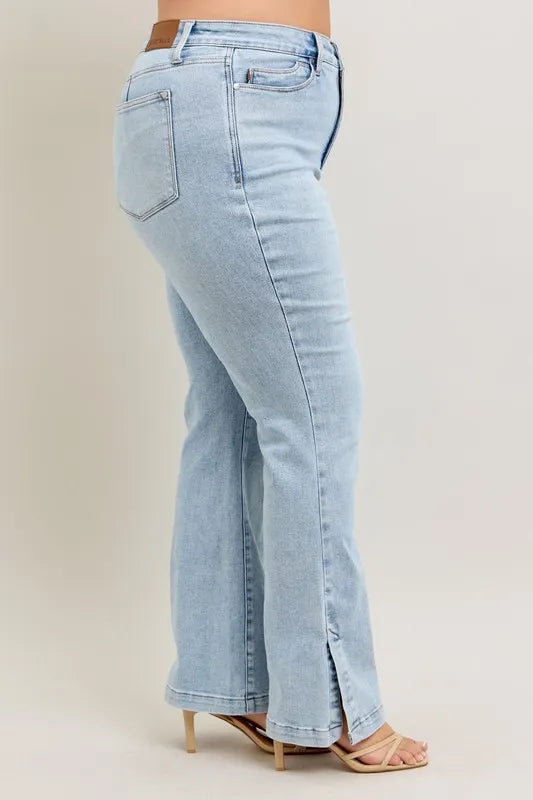 Judy Blue Full Size Tummy Control Vintage Wash Side Slit Slim Boot Jeans Plus Size - Fashorio