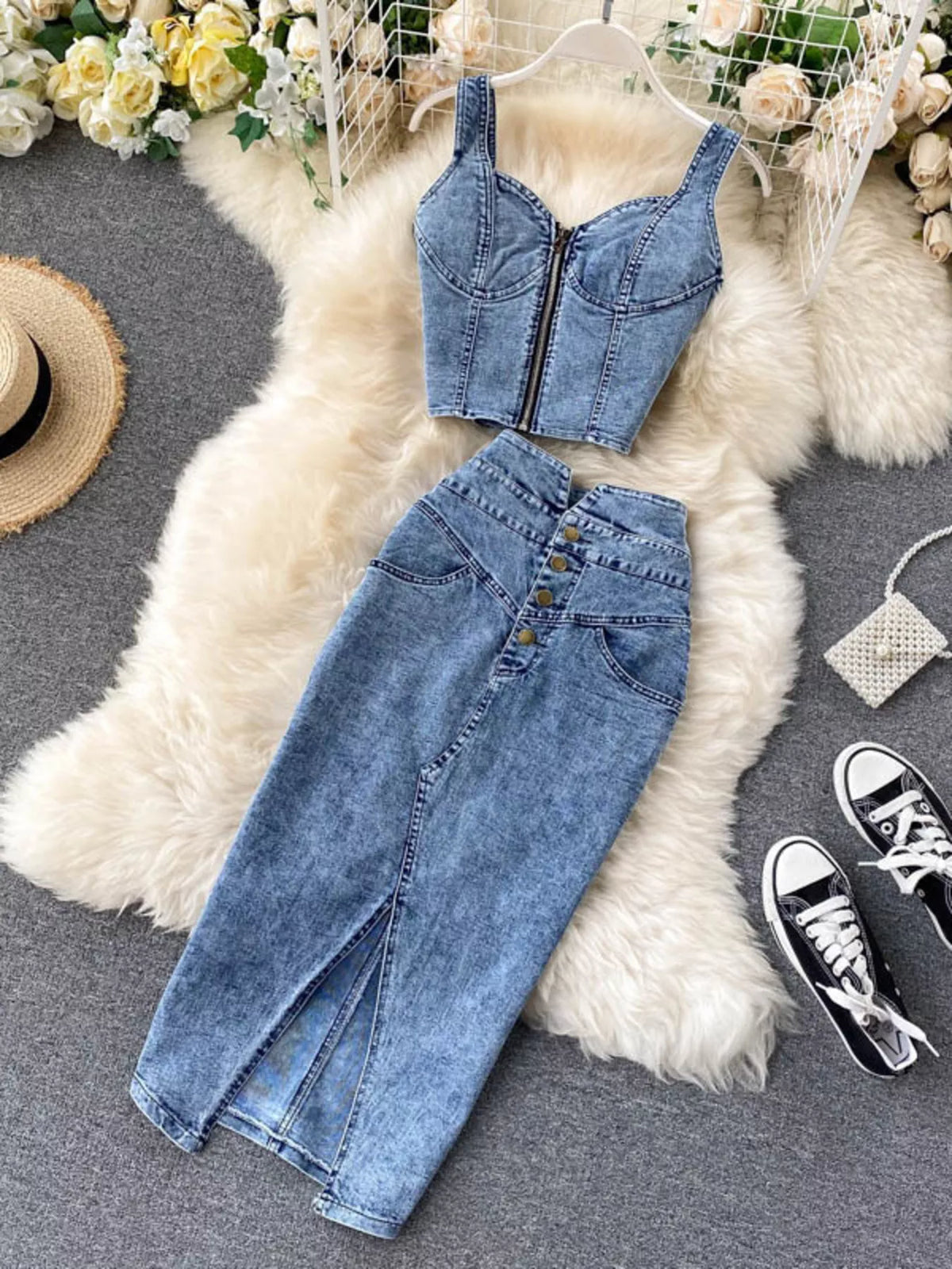 Zipper top and slit denim skirt two piece set front view