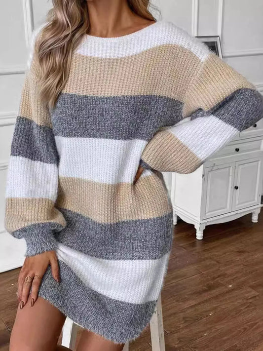 Color Block Long Sleeve Sweater Dress Multicolor - Fashorio