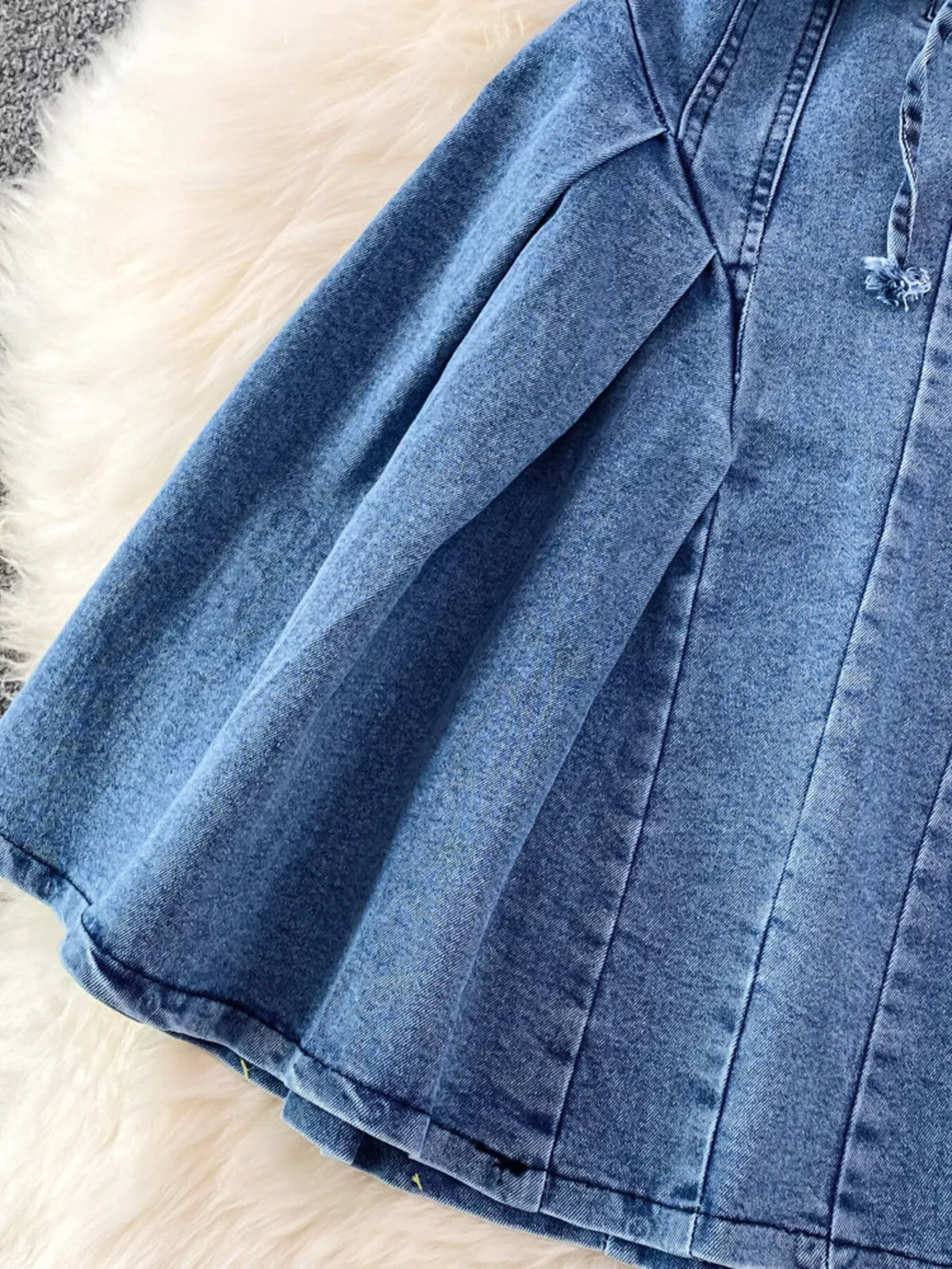 Blue lace up denim A line mini dress full length view
