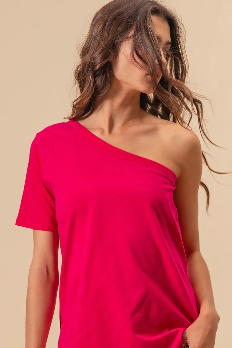 Fuchsia one shoulder top full look