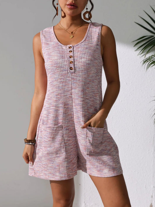 Full Size Button Front Romper with Pockets Plus Size Pink - Fashorio
