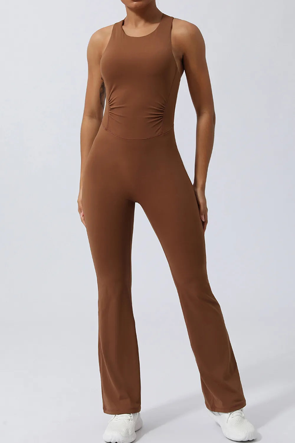 Crisscross wide strap sleeveless jumpsuit waist detail