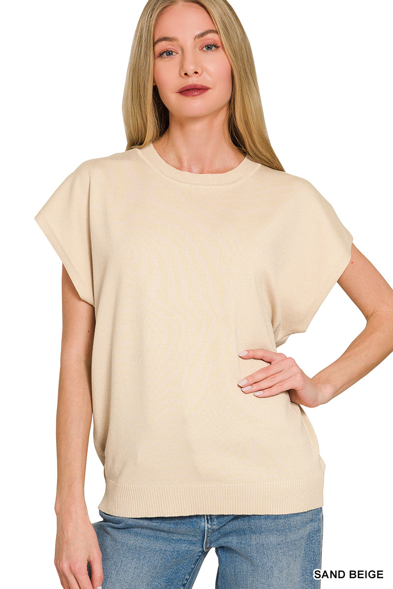 Sand beige ribbed knit top side view