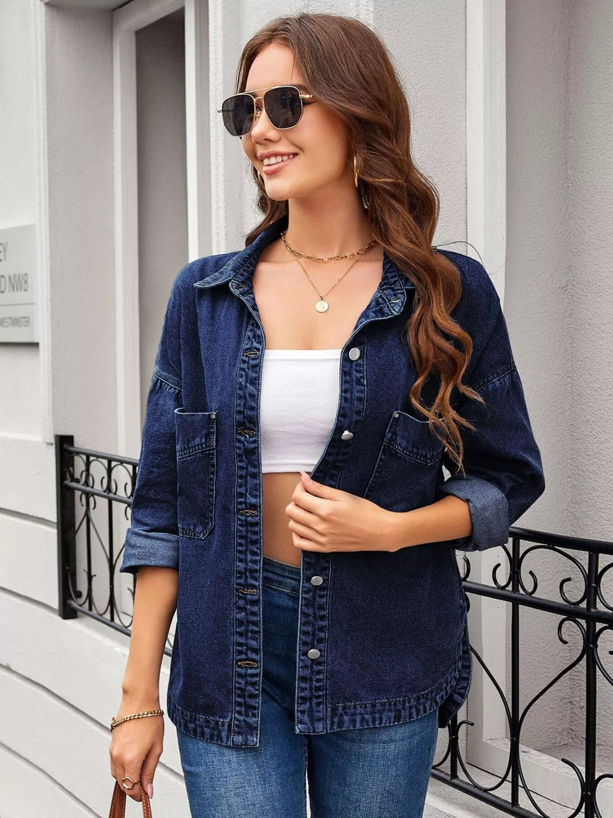 Vintage Wash Button Down Denim Jacket in Light Blue view 18