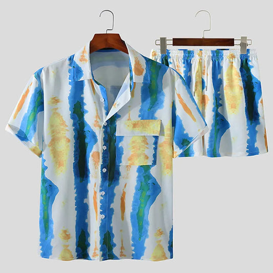 Men's Full Size Printed Button Up Short Sleeve Shirt and Shorts Plus Size Light Blue - Fashorio