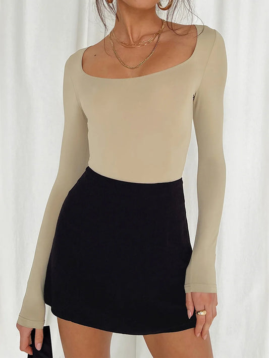 Long Sleeve Scoop Neck Fitted T-Shirt Khaki - Fashorio