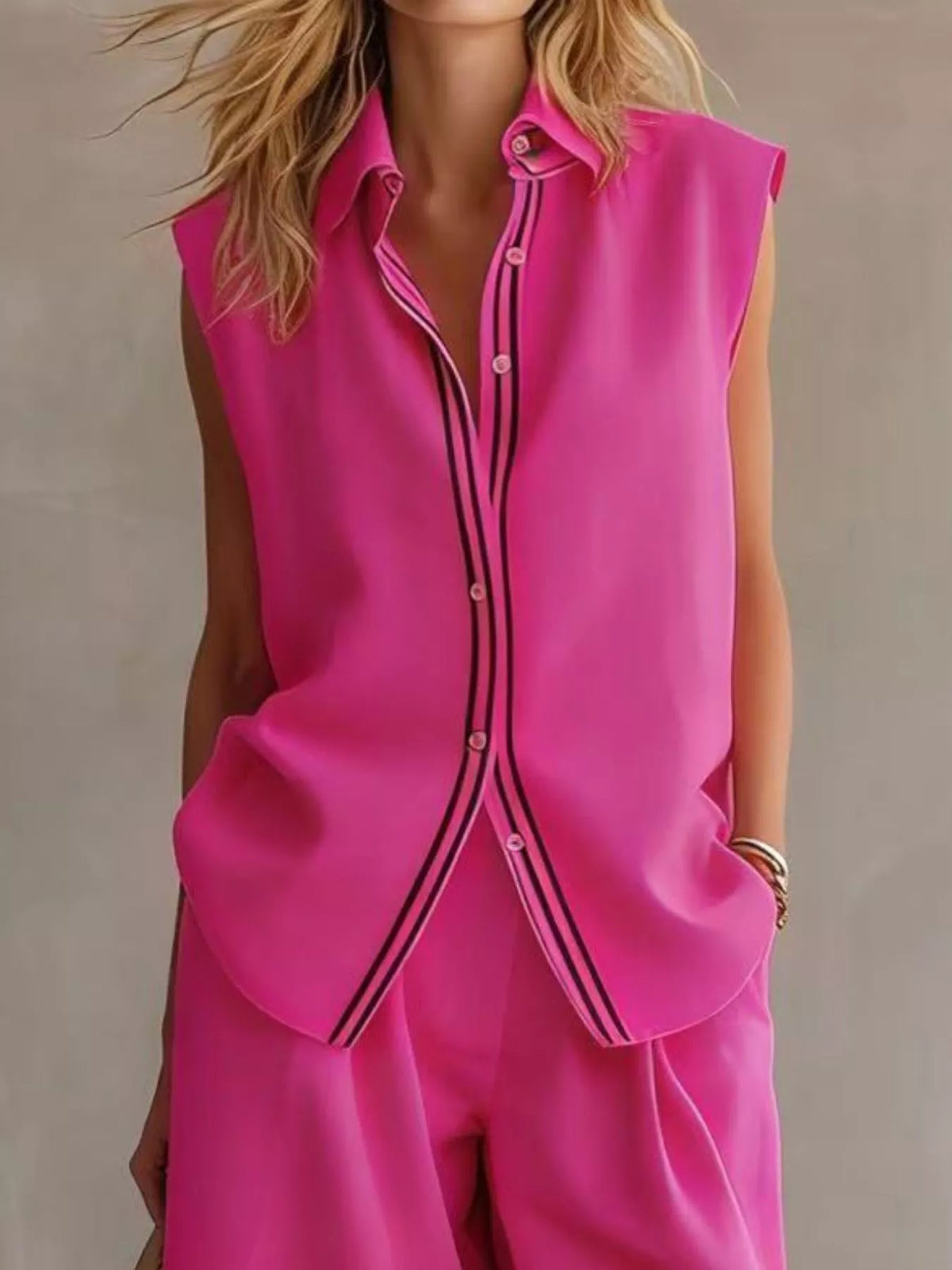 Sleeveless button up top and shorts coordinated detail