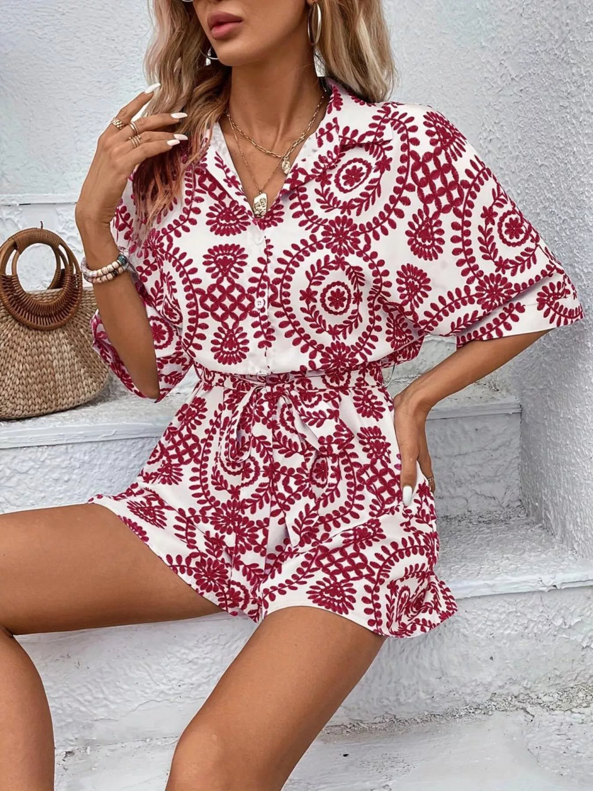 Printed tie waist button front romper, side view
