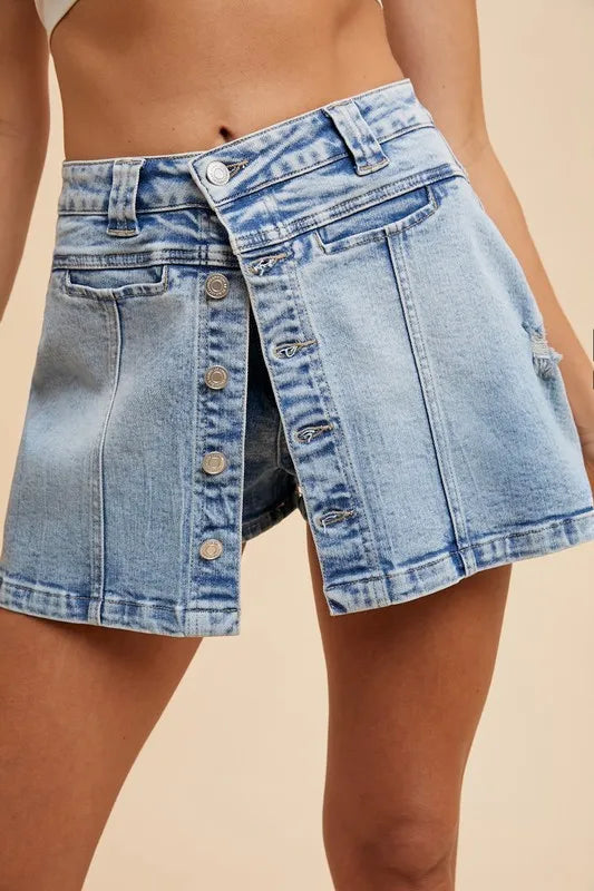 Annie Wear Button Detail Stretch Denim Wrap Mini Skort - Fashorio