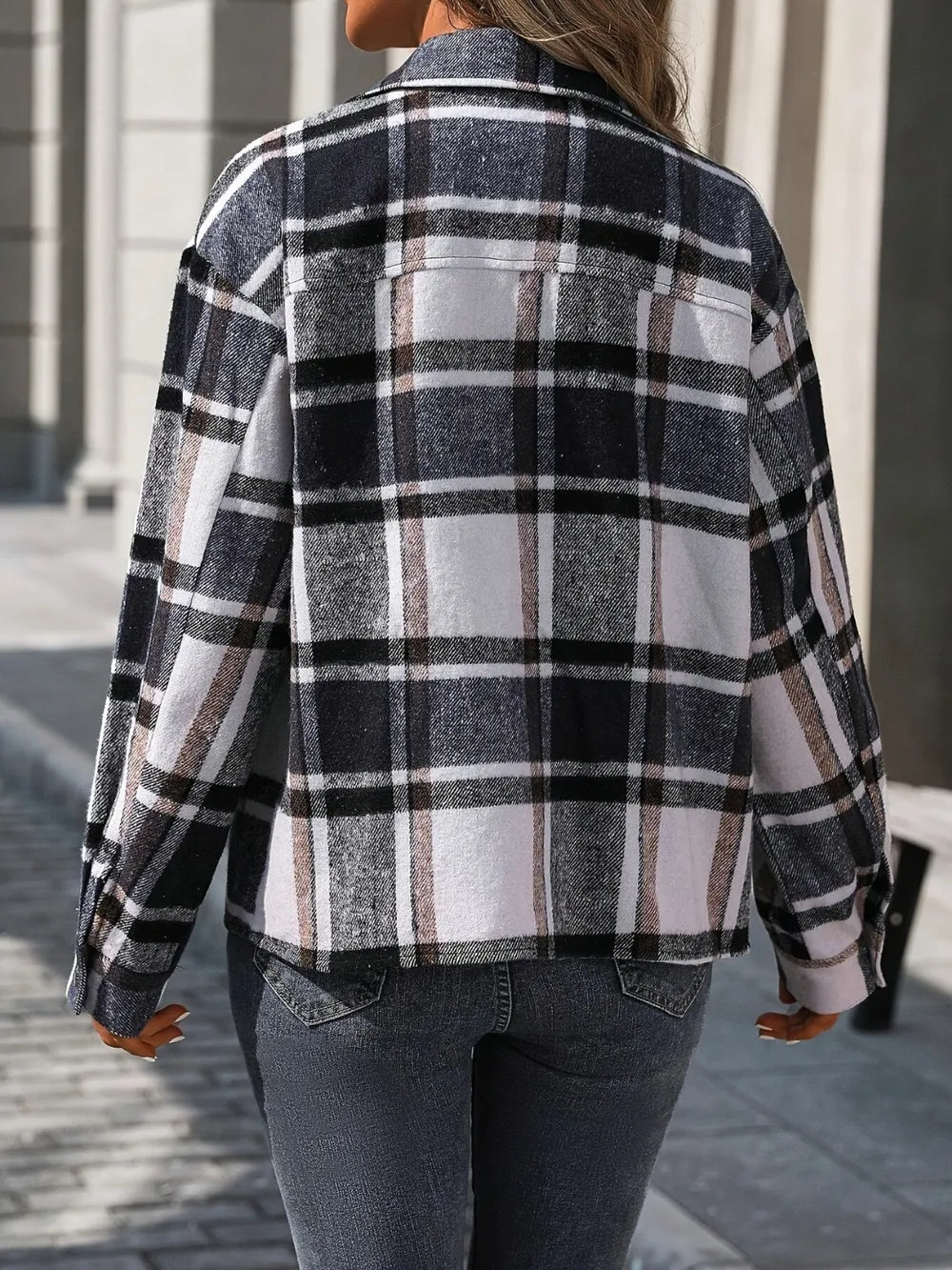 Plaid Button Up Drop Shoulder Shacket in Black side view