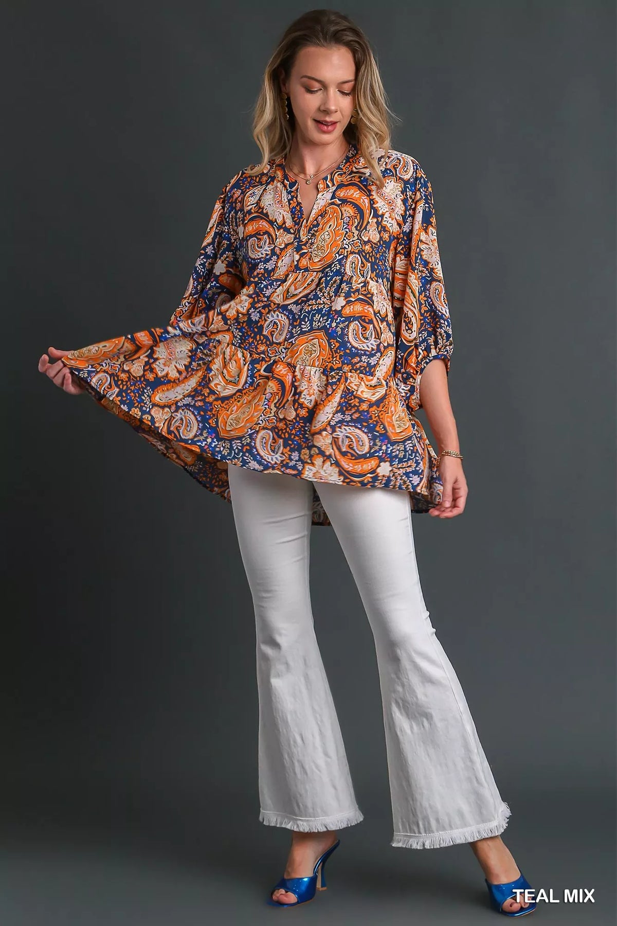 Flowy paisley tunic styled with jeans