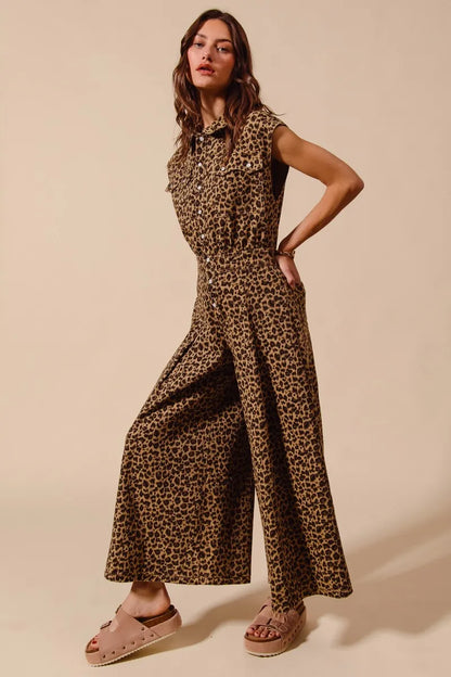 SO ME Wide Leg Leopard Twill Overalls Jumpsuit with Tuck - Fashorio