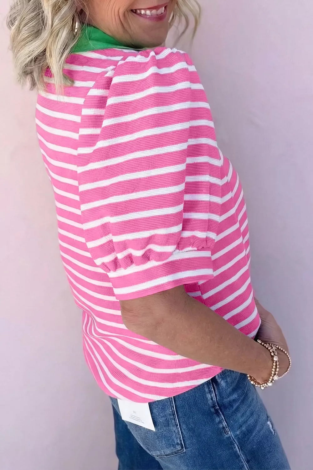 Pink striped color block puff sleeve polo blouse front view