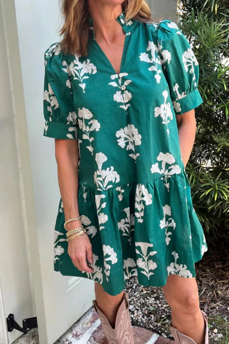Turquoise floral puff sleeve mini dress front view