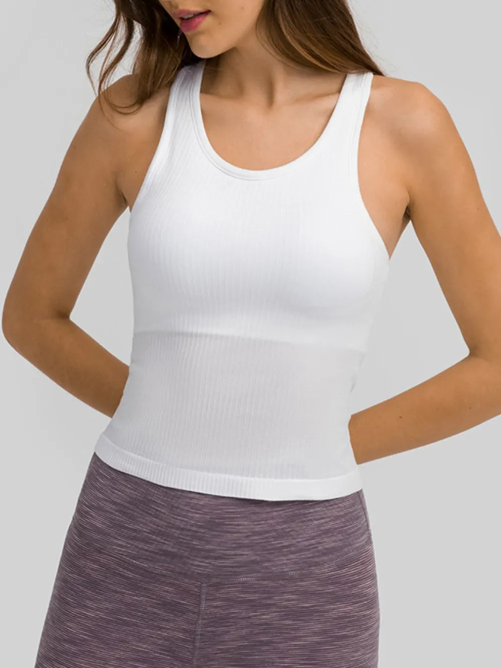 Round neck racerback padded active tank back detail