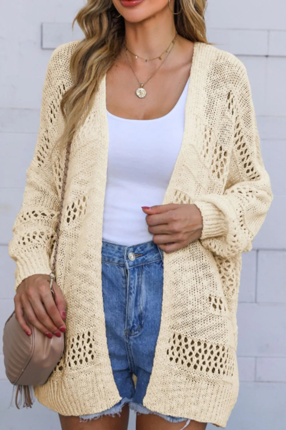 Openwork Open Front Long Sleeve Cardigan Beige - Fashorio