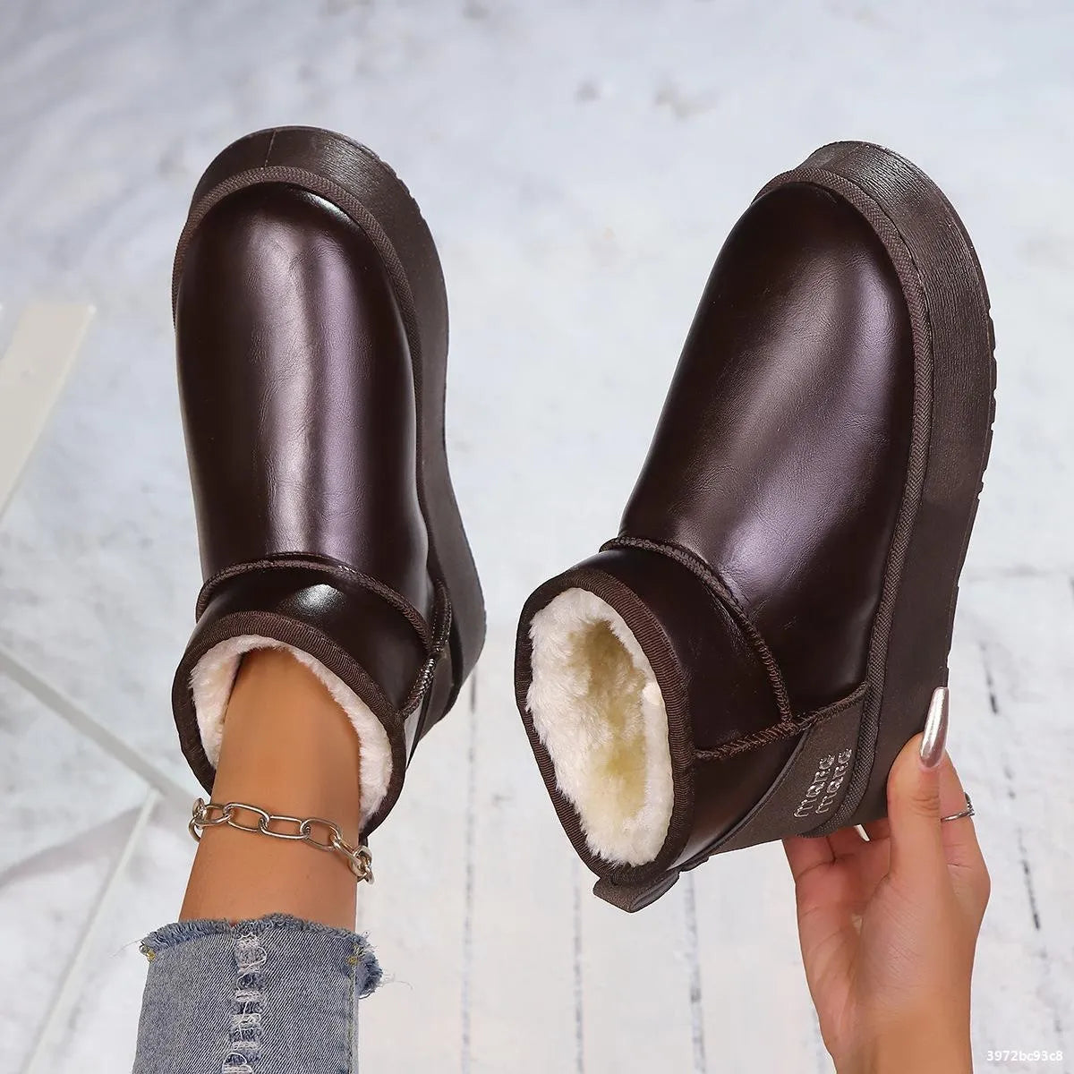 Faux fur platform ankle boots styled on model