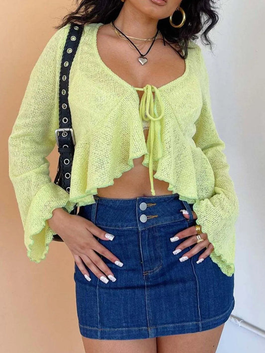 Ruffled Hem Tie-Front Cropped Cardigan Lime - Fashorio