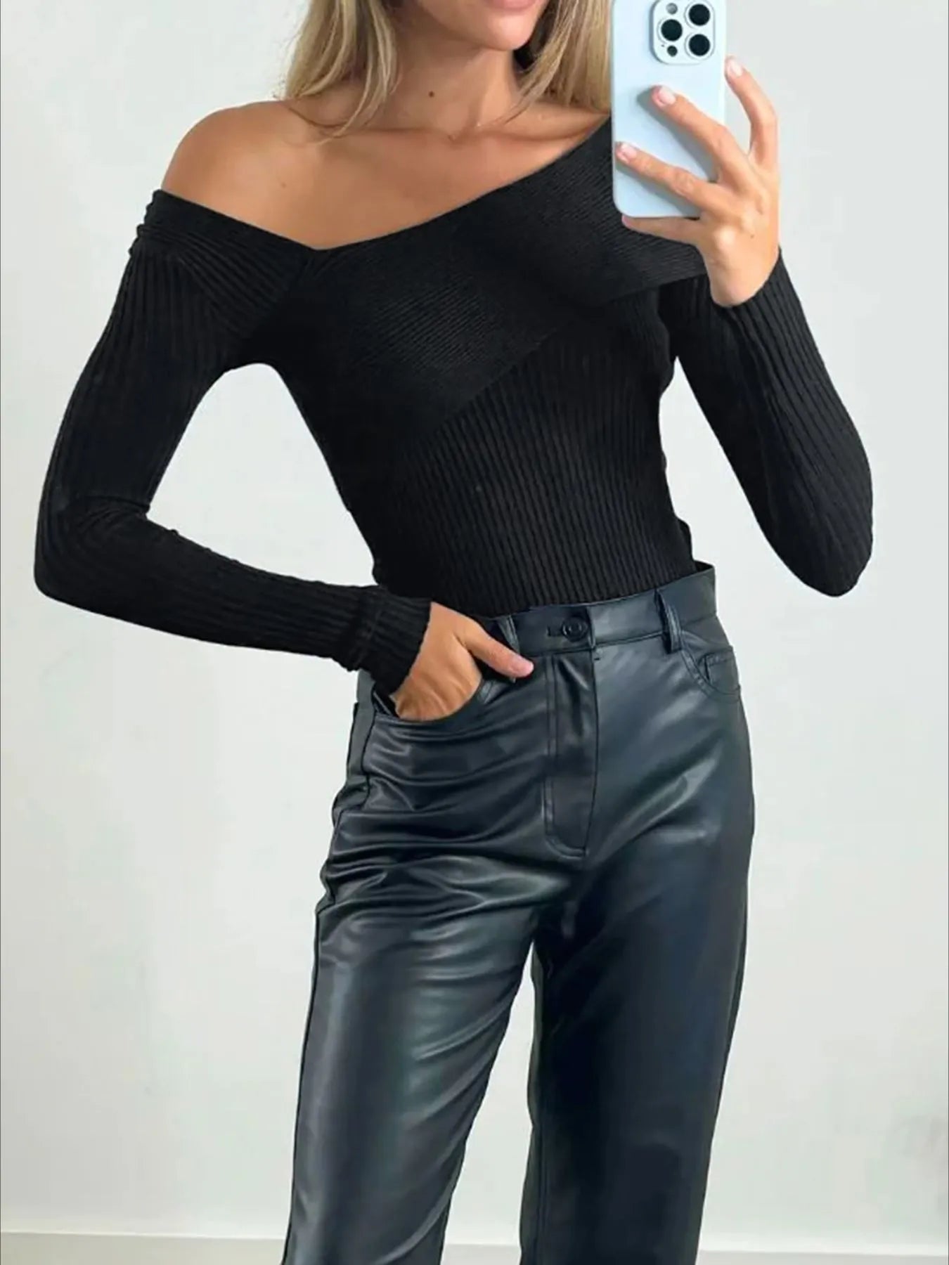 Off-Shoulder Ribbed Knit Top - Fashorio